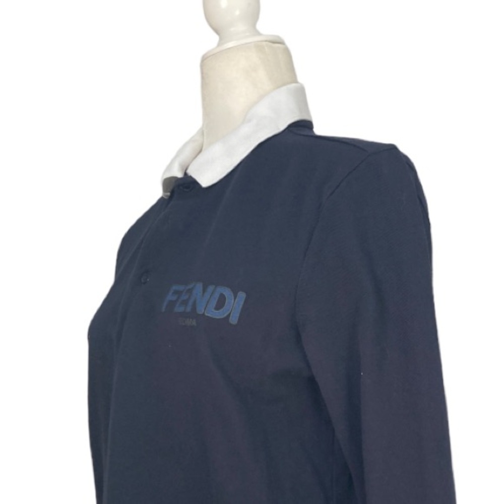 Fendi Long Sleeve Cotton Polo Shirt Blue contrast White Collar Fendi Logo - Picture 10 of 13